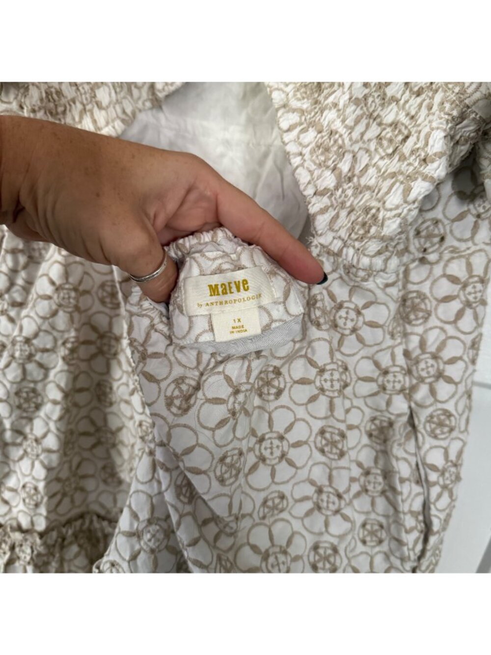 Maeve By Anthropologie Smocked Tunic Open Back Mini Dress In Cream & White Sz 1X - Picture 6 of 11